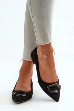 Discount Czółenka Na Niskim Obcasie Z Ozdobą Eko Zamszowe S.Barski KV27-034 Czarne Damskie Czółenka Klasyczne