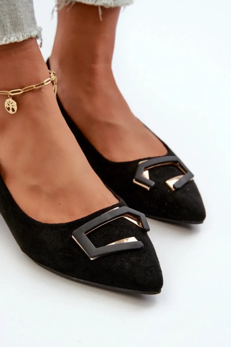 Discount Czółenka Na Niskim Obcasie Z Ozdobą Eko Zamszowe S.Barski KV27-034 Czarne Damskie Czółenka Klasyczne