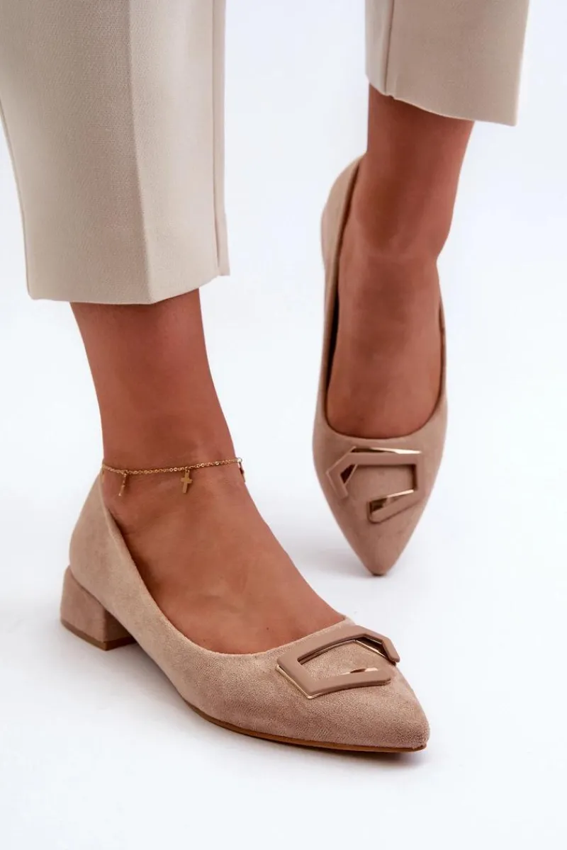 Discount Damskie buty S.Barski Czółenka Na Niskim Obcasie Z Ozdobą Eko Zamszowe S.Barski KV27-034 Beżowe Beżowy