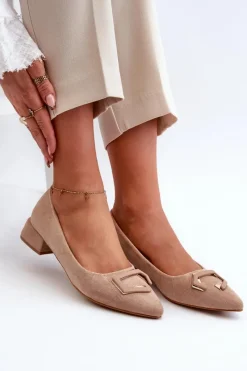 Discount Damskie buty S.Barski Czółenka Na Niskim Obcasie Z Ozdobą Eko Zamszowe S.Barski KV27-034 Beżowe Beżowy
