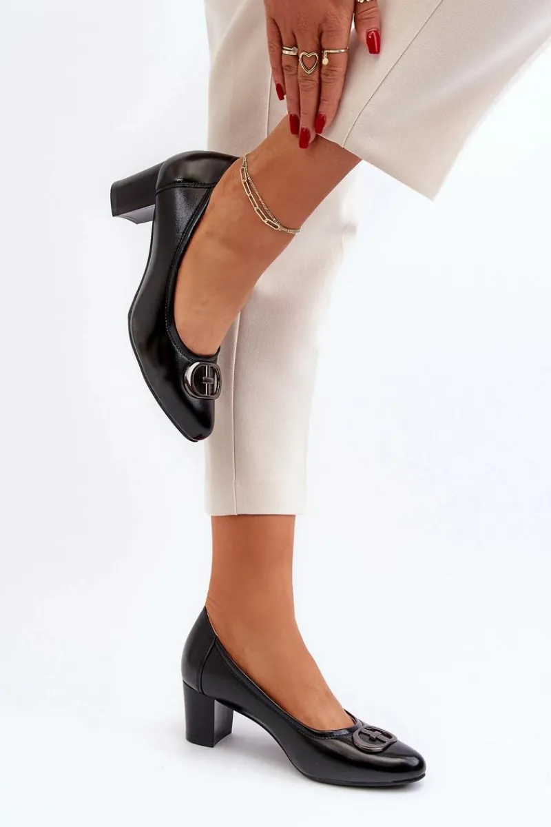 Sale Czółenka Na Niskim Słupku Z Ozdobą Czarne Aeliris Damskie Czółenka Na Słupku|Czółenka Klasyczne