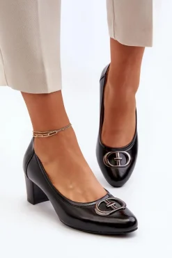 Sale Czółenka Na Niskim Słupku Z Ozdobą Czarne Aeliris Damskie Czółenka Na Słupku|Czółenka Klasyczne