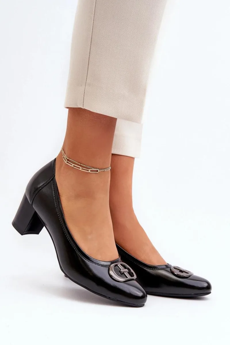 Sale Czółenka Na Niskim Słupku Z Ozdobą Czarne Aeliris Damskie Czółenka Na Słupku|Czółenka Klasyczne