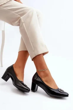 Sale Czółenka Na Niskim Słupku Z Ozdobą Czarne Aeliris Damskie Czółenka Na Słupku|Czółenka Klasyczne