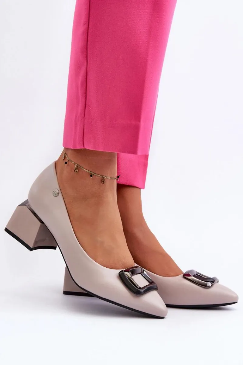 Czółenka Na Słupku|Czółenka Klasyczne>Buty damskie Vinceza Czółenka Na Obcasie Klocku Z Ozdobą Eko Skórzane Szare Sarala