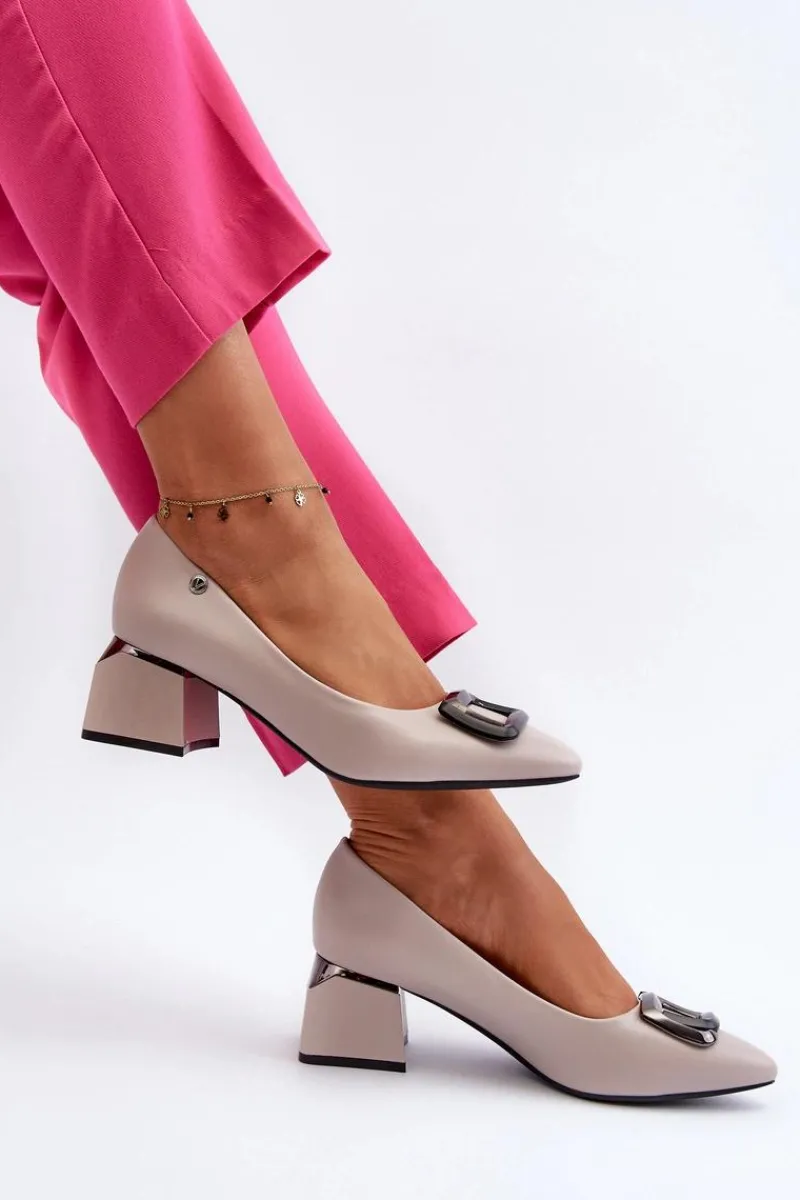 Czółenka Na Słupku|Czółenka Klasyczne>Buty damskie Vinceza Czółenka Na Obcasie Klocku Z Ozdobą Eko Skórzane Szare Sarala