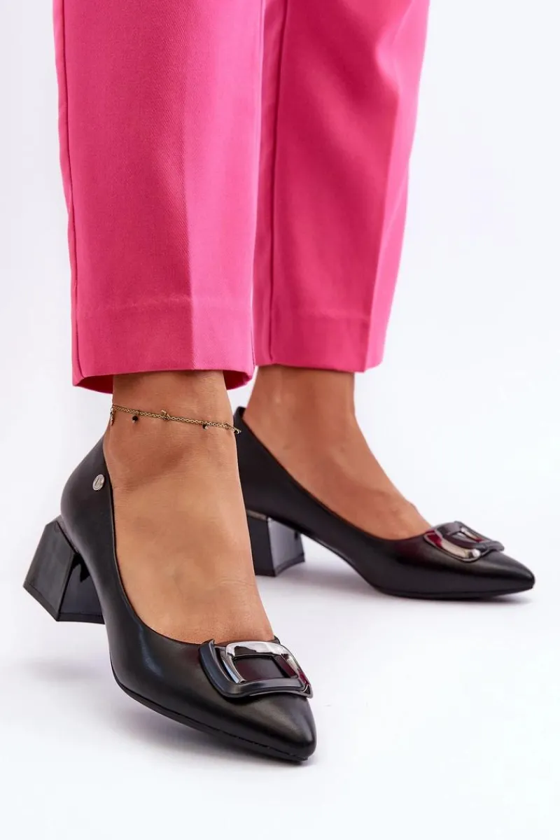 Czółenka Na Słupku|Czółenka Klasyczne>Buty damskie Vinceza Czółenka Na Obcasie Klocku Z Ozdobą Eko Skórzane Czarne Sarala Czarny