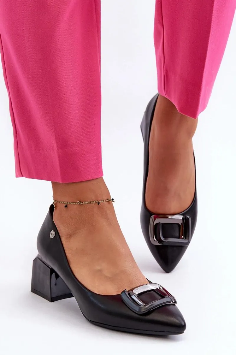 Czółenka Na Słupku|Czółenka Klasyczne>Buty damskie Vinceza Czółenka Na Obcasie Klocku Z Ozdobą Eko Skórzane Czarne Sarala Czarny