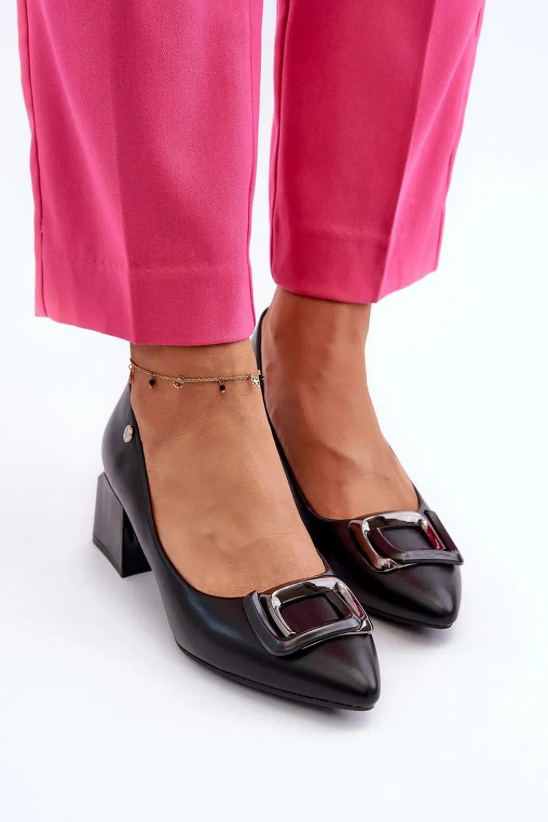 Czółenka Na Słupku|Czółenka Klasyczne>Buty damskie Vinceza Czółenka Na Obcasie Klocku Z Ozdobą Eko Skórzane Czarne Sarala Czarny