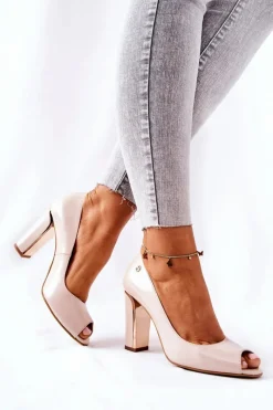 Czółenka Na Słupku 0780-015 Beżowe Damskie Czółenka Na Słupku