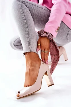 Czółenka Na Słupku 0780-015 Beżowe Damskie Czółenka Na Słupku