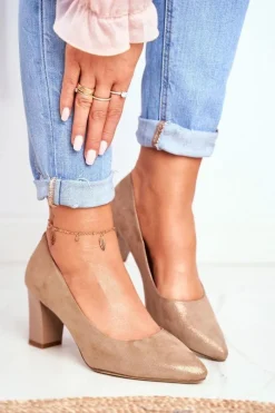 Czółenka Na Słupku Sergio Leone PB403 Połyskujące Beżowe Damskie Czółenka Na Słupku