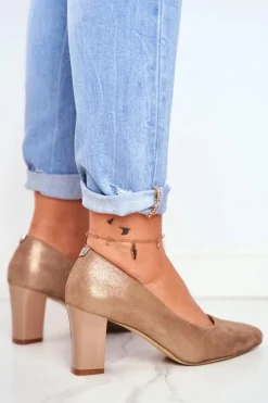 Czółenka Na Słupku Sergio Leone PB403 Połyskujące Beżowe Damskie Czółenka Na Słupku