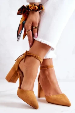 Sale Czółenka Na Słupku Wiązane Camel Lettice Damskie Czółenka Zamszowe|Czółenka Na Słupku