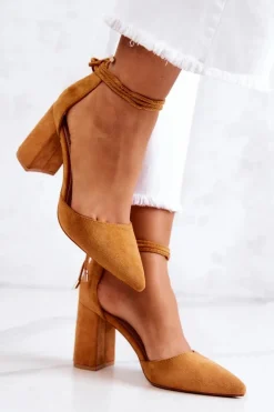 Sale Czółenka Na Słupku Wiązane Camel Lettice Damskie Czółenka Zamszowe|Czółenka Na Słupku