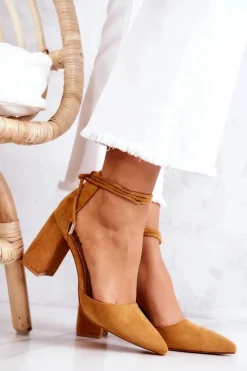 Sale Czółenka Na Słupku Wiązane Camel Lettice Damskie Czółenka Zamszowe|Czółenka Na Słupku