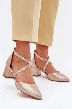 Hot Czółenka Na Słupku Z Eko Skóry Sergio Leone SK830 Złote Damskie Czółenka Zamszowe|Czółenka Na Słupku