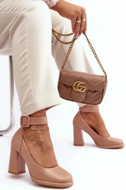 Outlet Boto Czółenka Na Słupku Z Klamrą Beżowe Idovana Beżowy