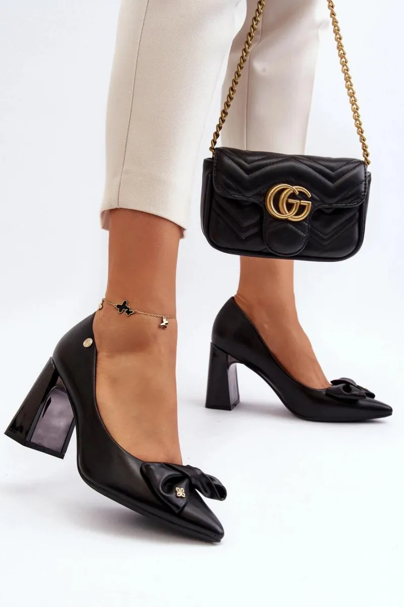 Discount Czółenka Na Słupku Z Kokardą Czarne Ariemessa Damskie Czółenka Na Słupku|Czółenka Klasyczne