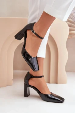 Hot Boto Czółenka Na Słupku Z Lakierowanej Eko Skóry Czarne Emindria