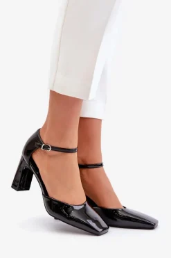 Hot Boto Czółenka Na Słupku Z Lakierowanej Eko Skóry Czarne Emindria