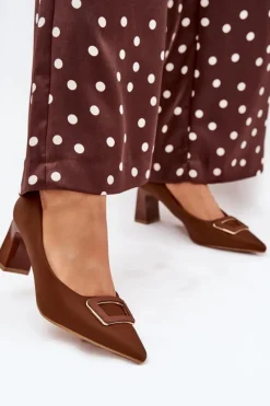 Czółenka Na Słupku Z Ozdobną Klamrą Brązowe Seriva Damskie Czółenka Na Słupku|Czółenka Klasyczne