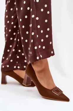 Czółenka Na Słupku Z Ozdobną Klamrą Brązowe Seriva Damskie Czółenka Na Słupku|Czółenka Klasyczne