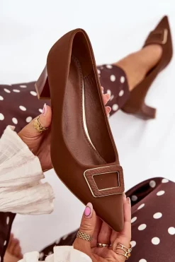 Czółenka Na Słupku Z Ozdobną Klamrą Brązowe Seriva Damskie Czółenka Na Słupku|Czółenka Klasyczne