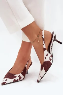 Szpilki Lakierowane|Czółenka Klasyczne>Boto Czółenka Na Szpilce Z Odkrytą Piętą W Łaty Brązowo-Białe Talira Brązowy