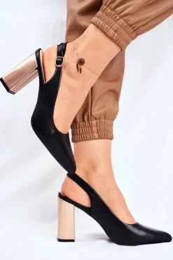 Hot Czółenka Na Złotym Słupku Sergio Leone PB218 Czarne Damskie Czółenka Na Słupku