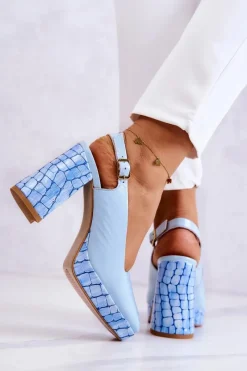 Discount Czółenka Skórzane 05441-06 Niebieskie Damskie Czółenka Klasyczne|Czółenka Na Słupku