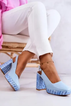 Discount Czółenka Skórzane 05441-06 Niebieskie Damskie Czółenka Klasyczne|Czółenka Na Słupku