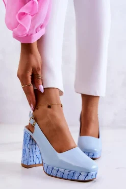 Discount Czółenka Skórzane 05441-06 Niebieskie Damskie Czółenka Klasyczne|Czółenka Na Słupku