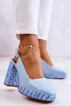 Discount Czółenka Skórzane 05441-06 Niebieskie Damskie Czółenka Klasyczne|Czółenka Na Słupku