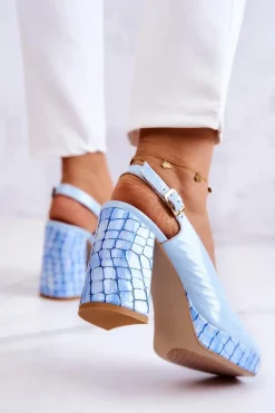 Discount Czółenka Skórzane 05441-06 Niebieskie Damskie Czółenka Klasyczne|Czółenka Na Słupku