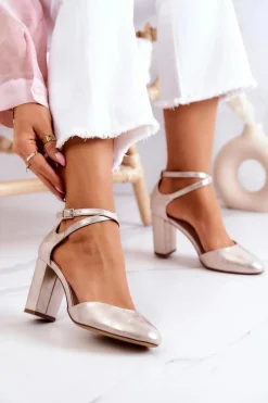 Czółenka Na Słupku|Czółenka Klasyczne>Buty Sergio Leone Czółenka Skórzane Na Słupku Sergio Leone SK851 Złote