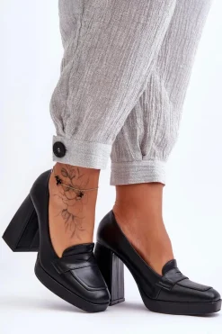 Clearance Czółenka Skórzane Na Wysokim Obcasie Czarne Alisa Damskie Czółenka Na Platformie|Czółenka Na Słupku