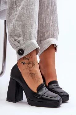 Clearance Czółenka Skórzane Na Wysokim Obcasie Czarne Alisa Damskie Czółenka Na Platformie|Czółenka Na Słupku