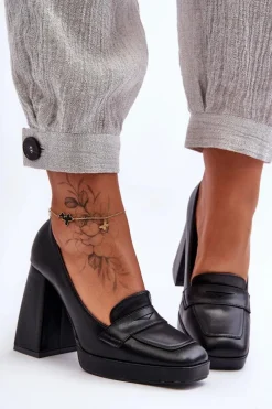 Clearance Czółenka Skórzane Na Wysokim Obcasie Czarne Alisa Damskie Czółenka Na Platformie|Czółenka Na Słupku