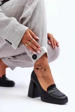 Clearance Czółenka Skórzane Na Wysokim Obcasie Czarne Alisa Damskie Czółenka Na Platformie|Czółenka Na Słupku