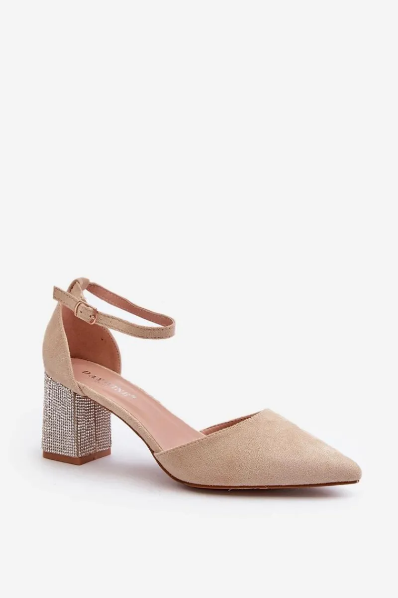 Hot Czółenka z Eko Zamszu Na Zdobionym Słupku Beżowe Anlitela Damskie Czółenka Zamszowe|Czółenka Na Słupku