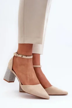 Hot Czółenka z Eko Zamszu Na Zdobionym Słupku Beżowe Anlitela Damskie Czółenka Zamszowe|Czółenka Na Słupku