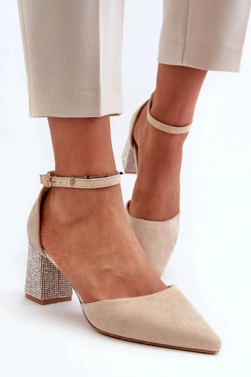 Hot Czółenka z Eko Zamszu Na Zdobionym Słupku Beżowe Anlitela Damskie Czółenka Zamszowe|Czółenka Na Słupku