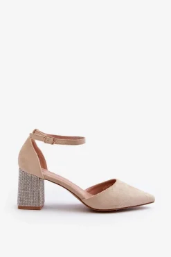 Hot Czółenka z Eko Zamszu Na Zdobionym Słupku Beżowe Anlitela Damskie Czółenka Zamszowe|Czółenka Na Słupku