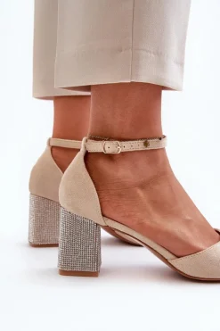 Hot Czółenka z Eko Zamszu Na Zdobionym Słupku Beżowe Anlitela Damskie Czółenka Zamszowe|Czółenka Na Słupku