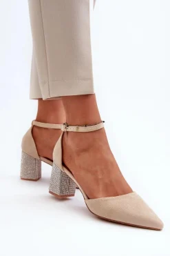 Hot Czółenka z Eko Zamszu Na Zdobionym Słupku Beżowe Anlitela Damskie Czółenka Zamszowe|Czółenka Na Słupku