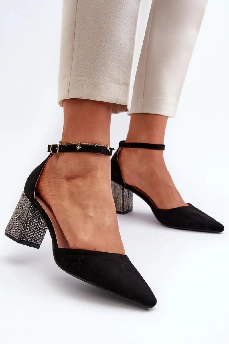 Czółenka Zamszowe|Czółenka Na Słupku>Boto Czółenka z Eko Zamszu Na Zdobionym Słupku Czarne Anlitela