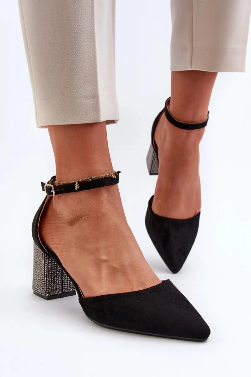 Czółenka Zamszowe|Czółenka Na Słupku>Boto Czółenka z Eko Zamszu Na Zdobionym Słupku Czarne Anlitela