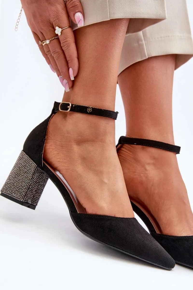 Czółenka Zamszowe|Czółenka Na Słupku>Boto Czółenka z Eko Zamszu Na Zdobionym Słupku Czarne Anlitela