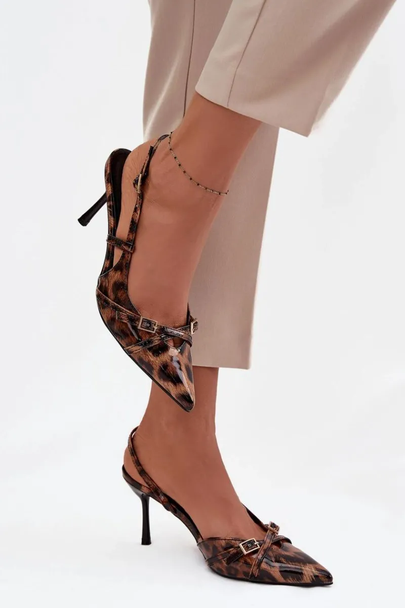 Boto Czółenka Z Odkrytą Piętą I Paseczkami Panterka Brązowe Ravira Brązowy